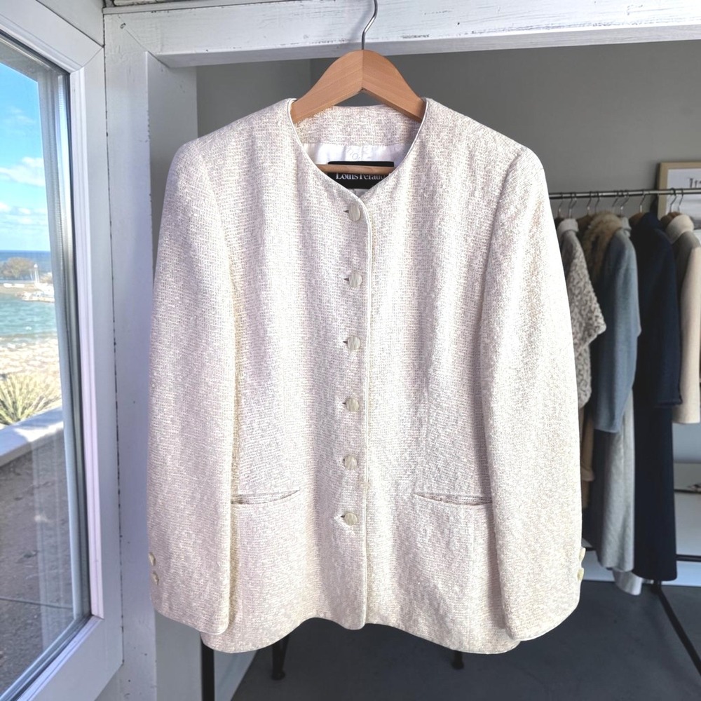 Vintage Louis Feraud Blazer Jacket 10 Cream Boucle Woven Cotton/Wool Minimalist